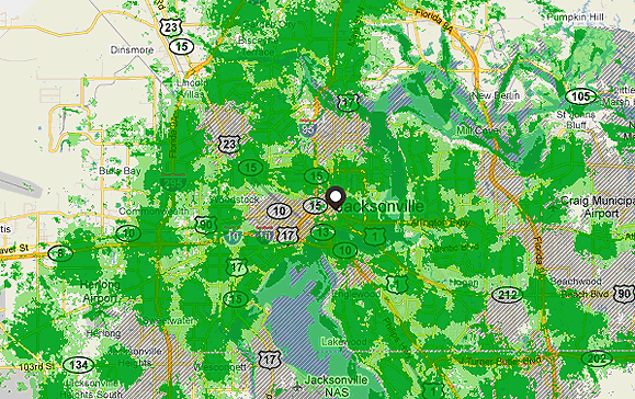 Coverage Map for the Jacksonville, Florida area