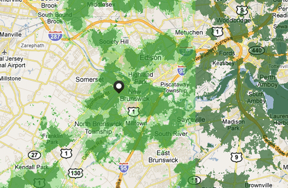 Coverage Map for the Middlebush, New Jersey area