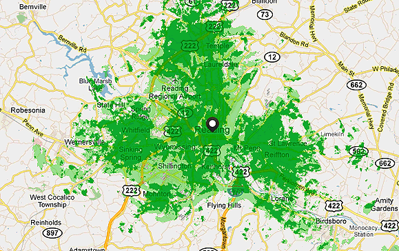 Coverage Map for the Muhlenberg Township, Pennsylvania area