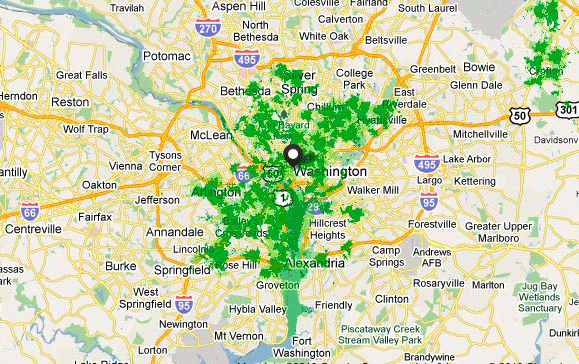 Coverage Map for the Dept Navy Fed Credit Union, District of Columbia area